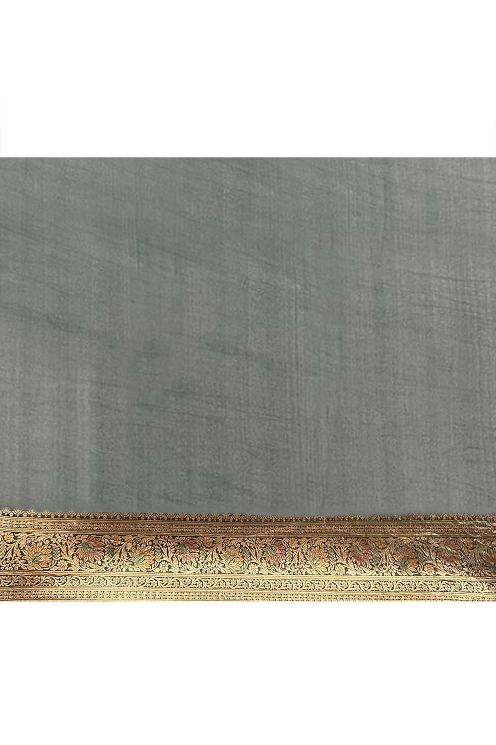 Olive Green Pure Kora Organza Banarasi Handloom Saree With Contrast Border Olive Green Pure Kora Organza Banarasi Handloom Saree With Contrast Border