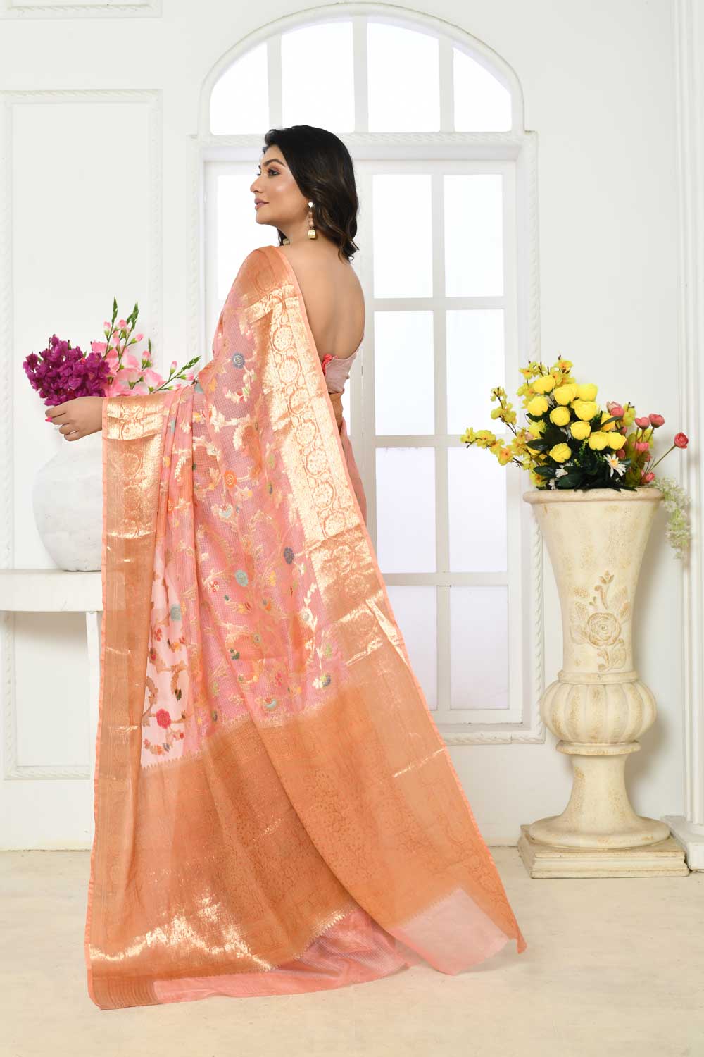 Peach Pure Kota Check Banarasi Handloom Saree With Meenakari Jaal Peach Pure Kota Check Banarasi Handloom Saree With Meenakari Jaal