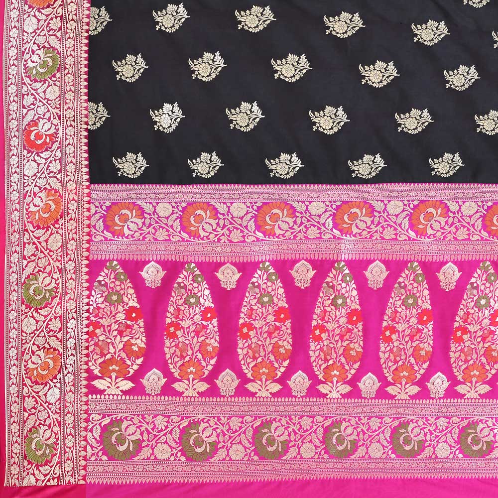 Black - Magenta Banarasi Handloom Saree with Contrast Meenakari Border Black - Magenta Banarasi Handloom Saree with Contrast Meenakari Border