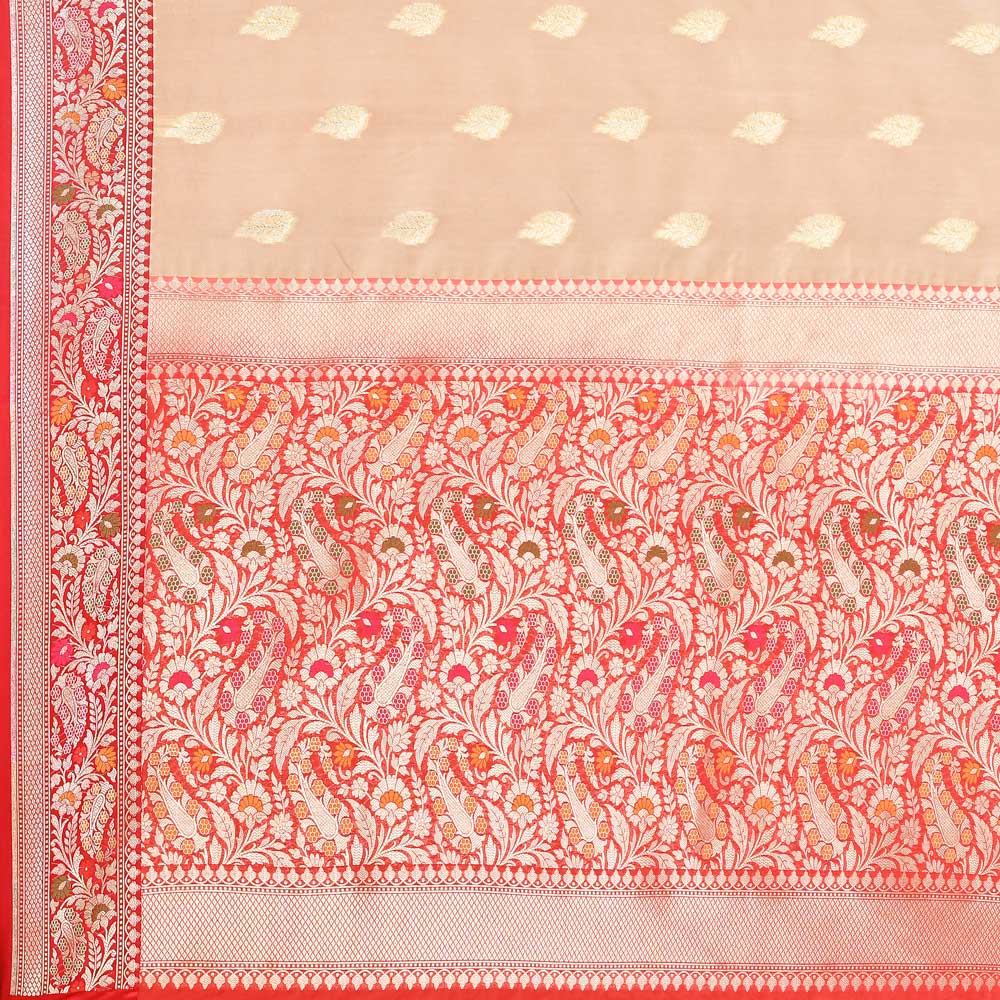 Tussar/Beige - Red Handloom Saree With Meenakari Border Tussar/Beige - Red Handloom Saree With Meenakari Border
