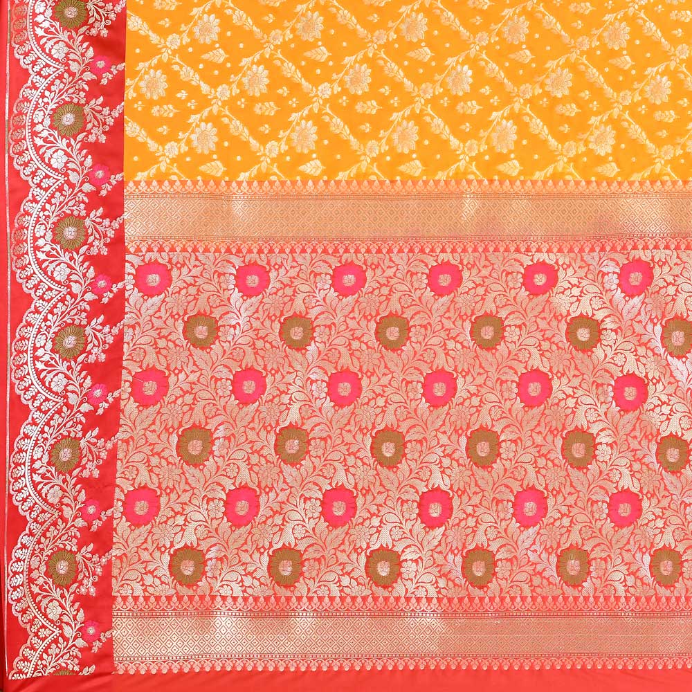 Mustard Yellow - Red Banarasi Handloom Saree with Contrast Meenakari Border Mustard Yellow - Red Banarasi Handloom Saree with Contrast Meenakari Border