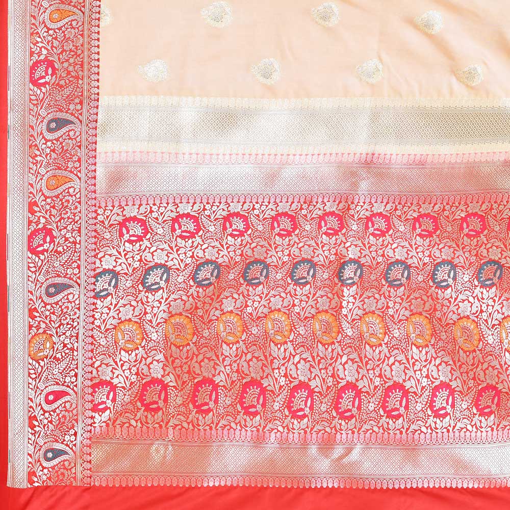 Tussar/ Beige - Red Saree With Contrast Meenakari Border Tussar/ Beige - Red Saree With Contrast Meenakari Border
