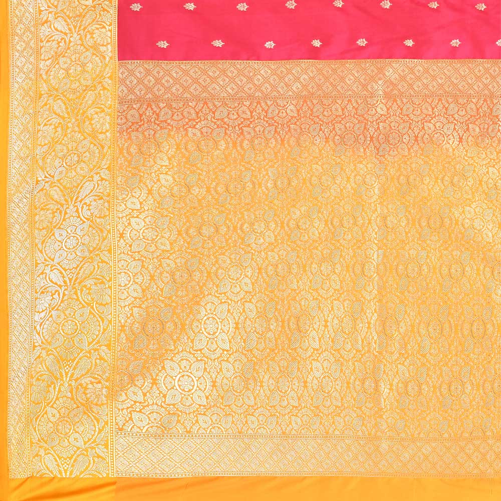Red - Yellow Banarasi Handloom Saree With Contrast Border Red - Yellow Banarasi Handloom Saree With Contrast Border