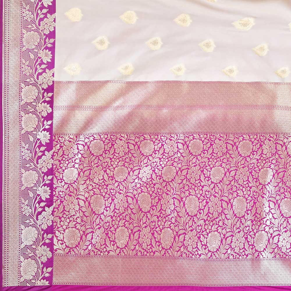 Off-White & Magenta Purple Banarasi Saree, Contrast Trim Off-White & Magenta Purple Banarasi Saree, Contrast Trim