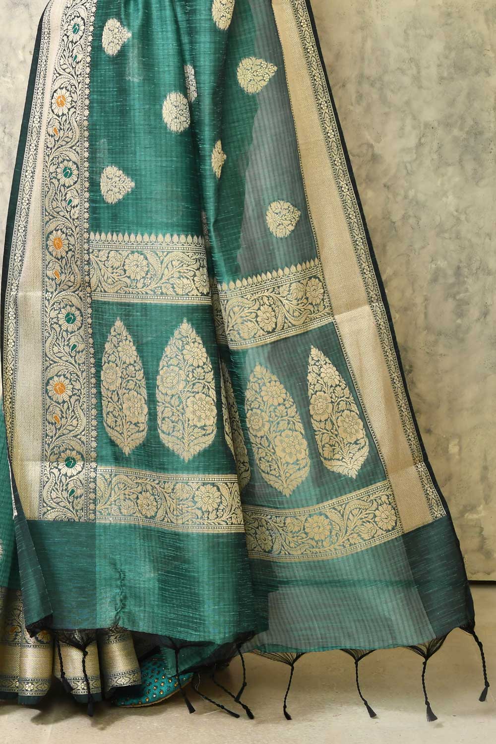 Stone Blue Pure Cotton Silk Banarasi Handloom Saree With Meenakari Border Stone Blue Pure Cotton Silk Banarasi Handloom Saree With Meenakari Border