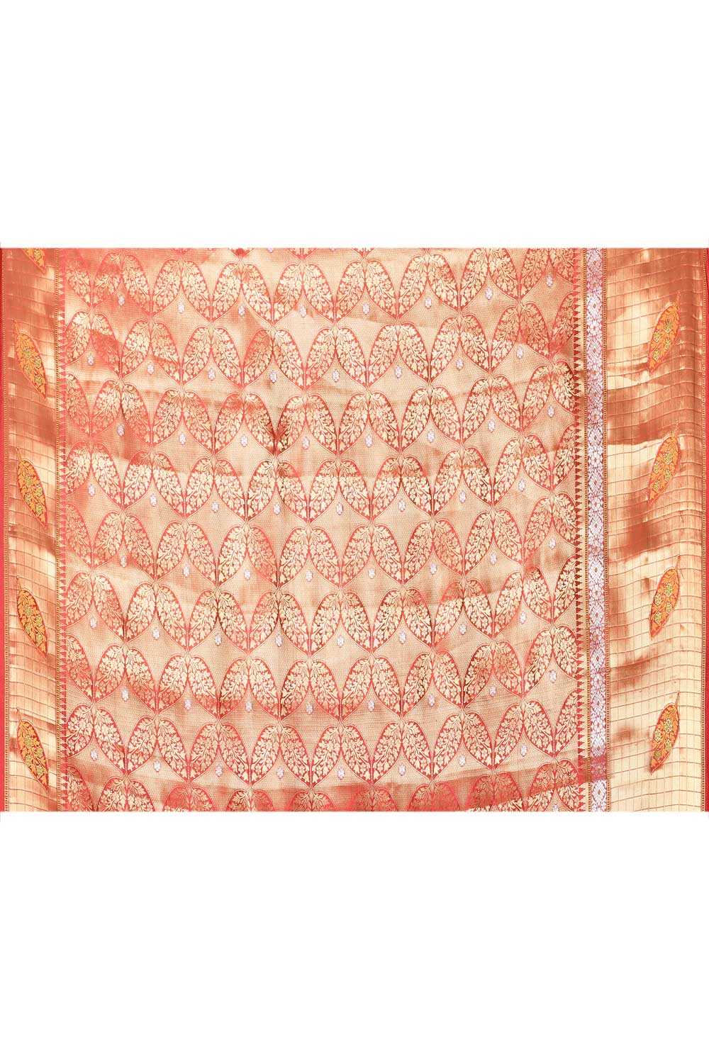 Red Pure Katan Dupion Silk Banarasi Handloom Saree With Ropa-sona Boota And Meenakari Border Red Pure Katan Dupion Silk Banarasi Handloom Saree With Ropa-sona Boota And Meenakari Border