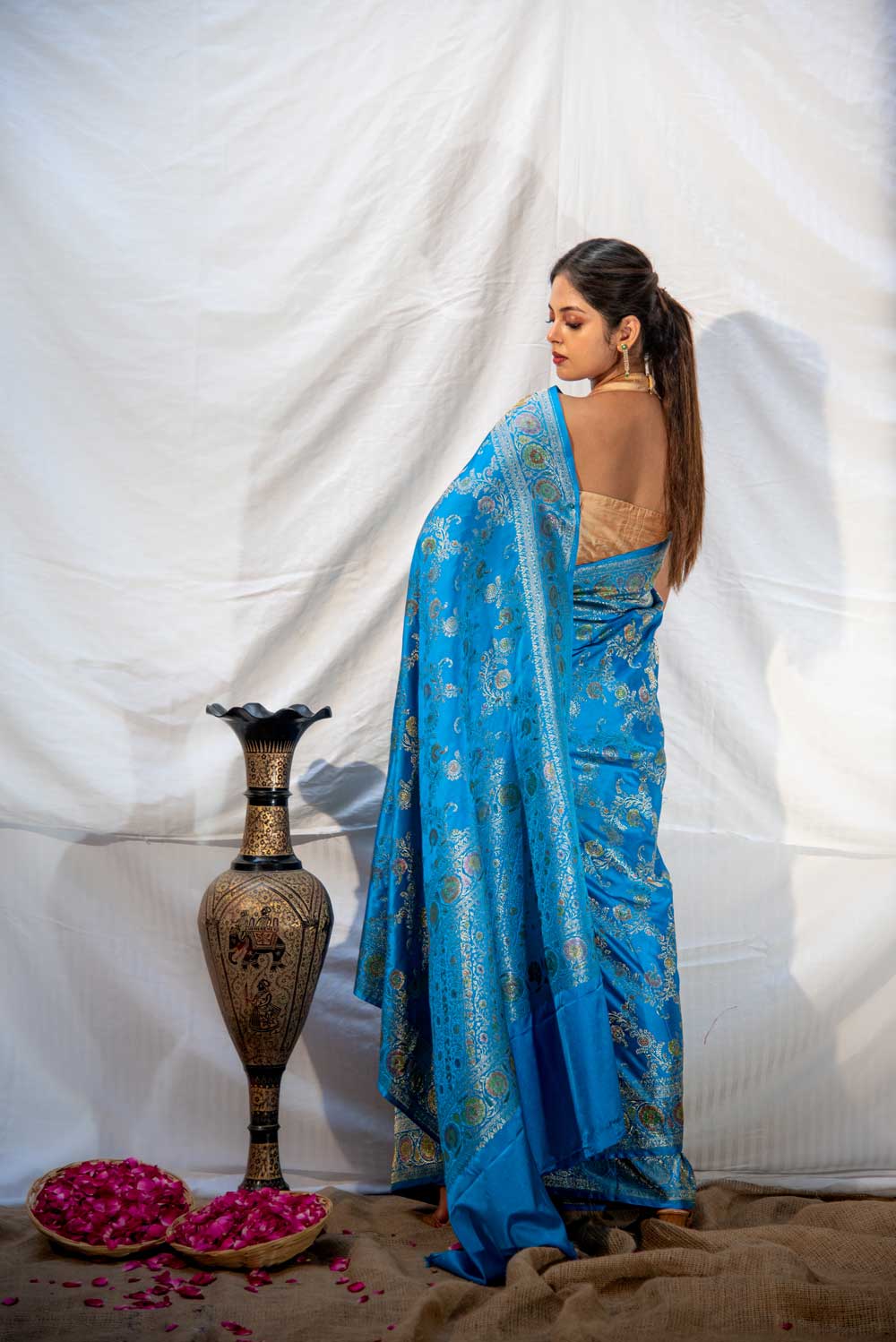 Royal Blue Mushru Satin Saree With Meenakari Jaal Work Royal Blue Mushru Satin Saree With Meenakari Jaal Work