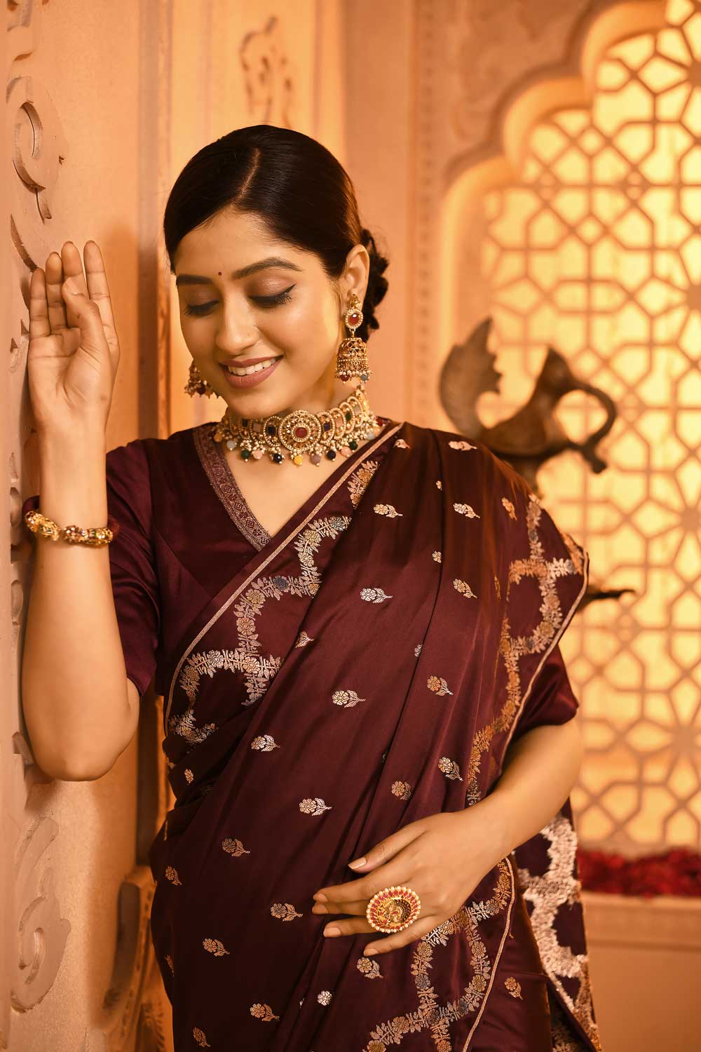 Wine Mushru Saree With Artistic And Meenakari Border Wine Mushru Saree With Artistic And Meenakari Border