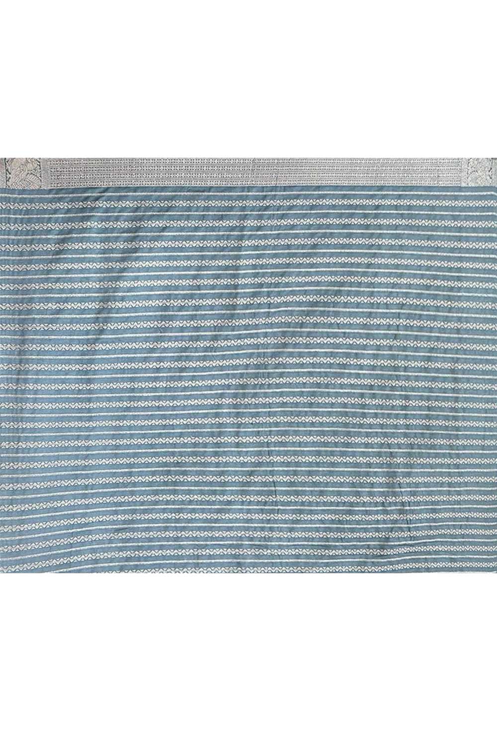 Grey Mushru Satin Banarasi Handloom Saree With Stripe Patterned Design And Meenakari Border Grey Mushru Satin Banarasi Handloom Saree With Stripe Patterned Design And Meenakari Border