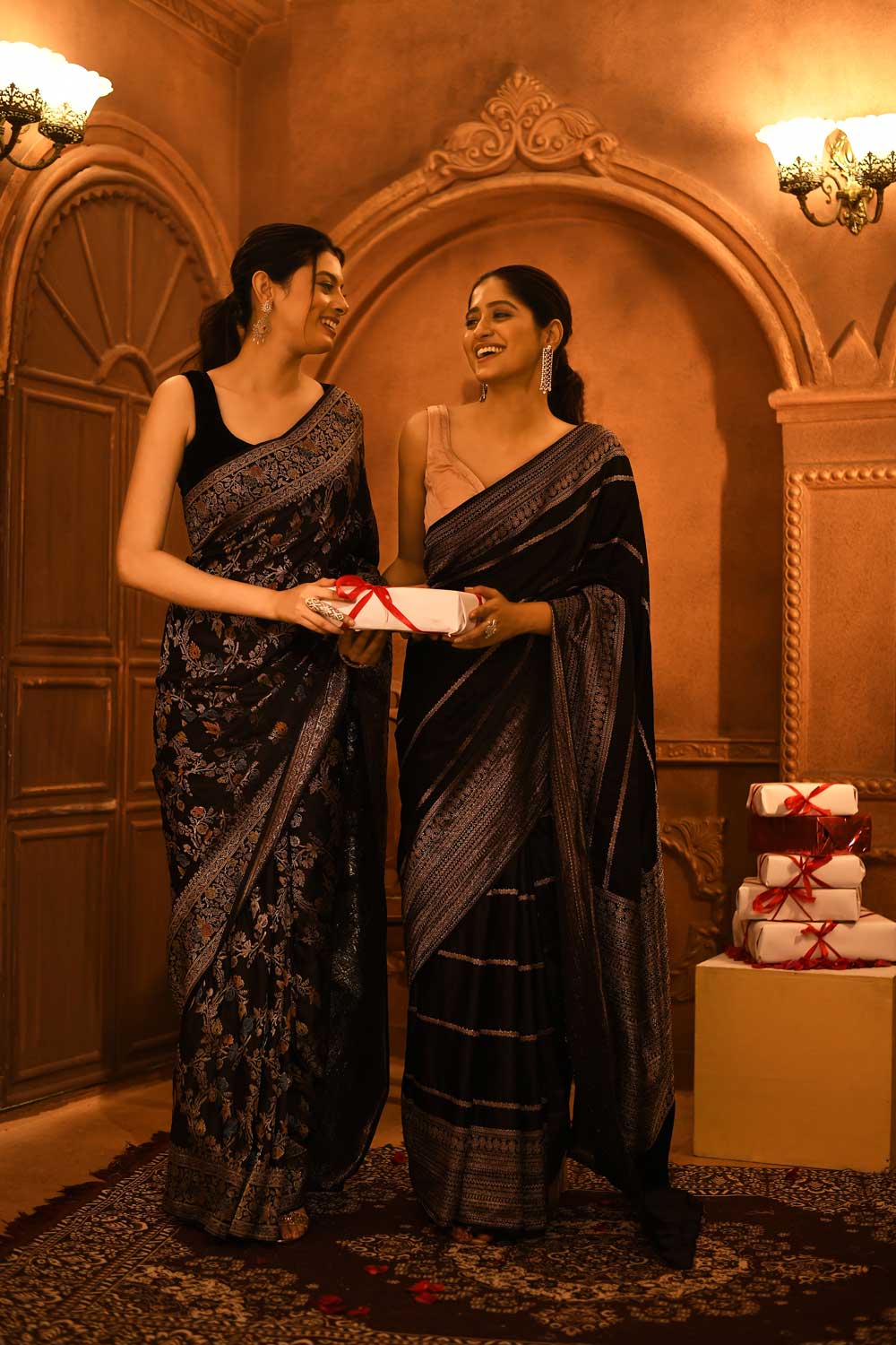 Black Mushru Satin Saree With Meenakari Jaal And Border Black Mushru Satin Saree With Meenakari Jaal And Border