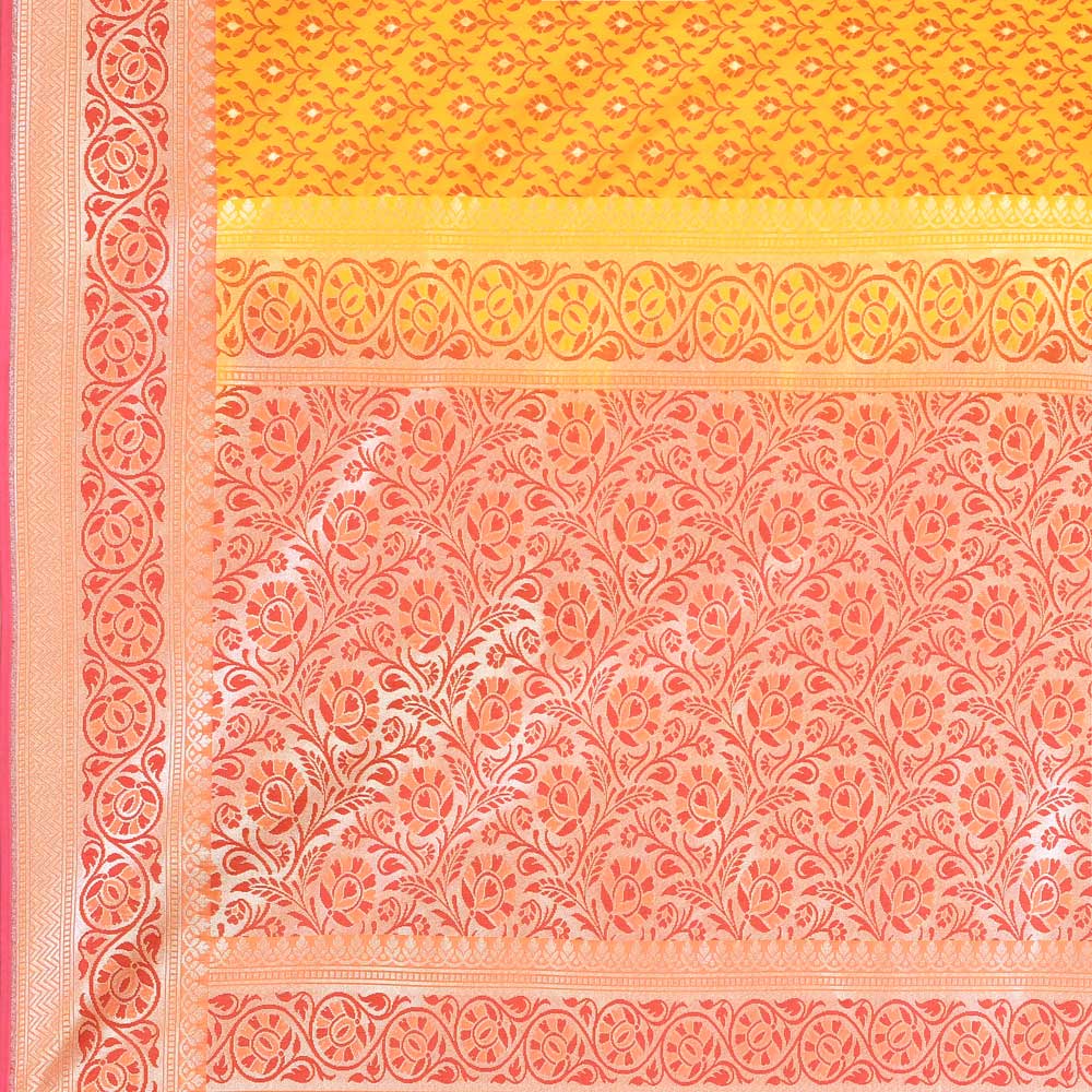 Mustard and Peach Pink Handloom Reshmi Tanchoi Banarasi Saree With Handwoven  Border Mustard and Peach Pink Handloom Reshmi Tanchoi Banarasi Saree With Handwoven  Border