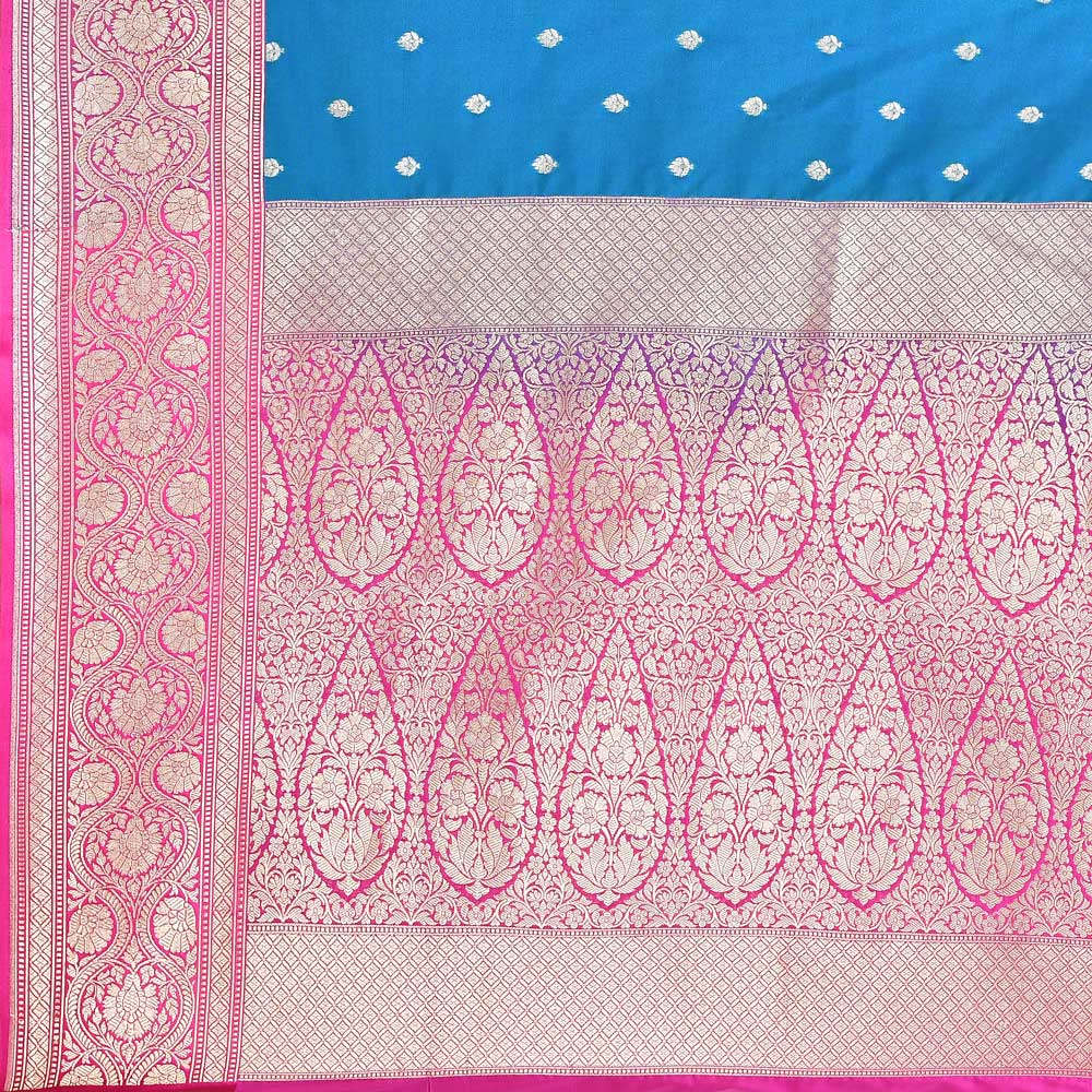 Blue And Pink Handloom Saree With Contrast Border Blue And Pink Handloom Saree With Contrast Border