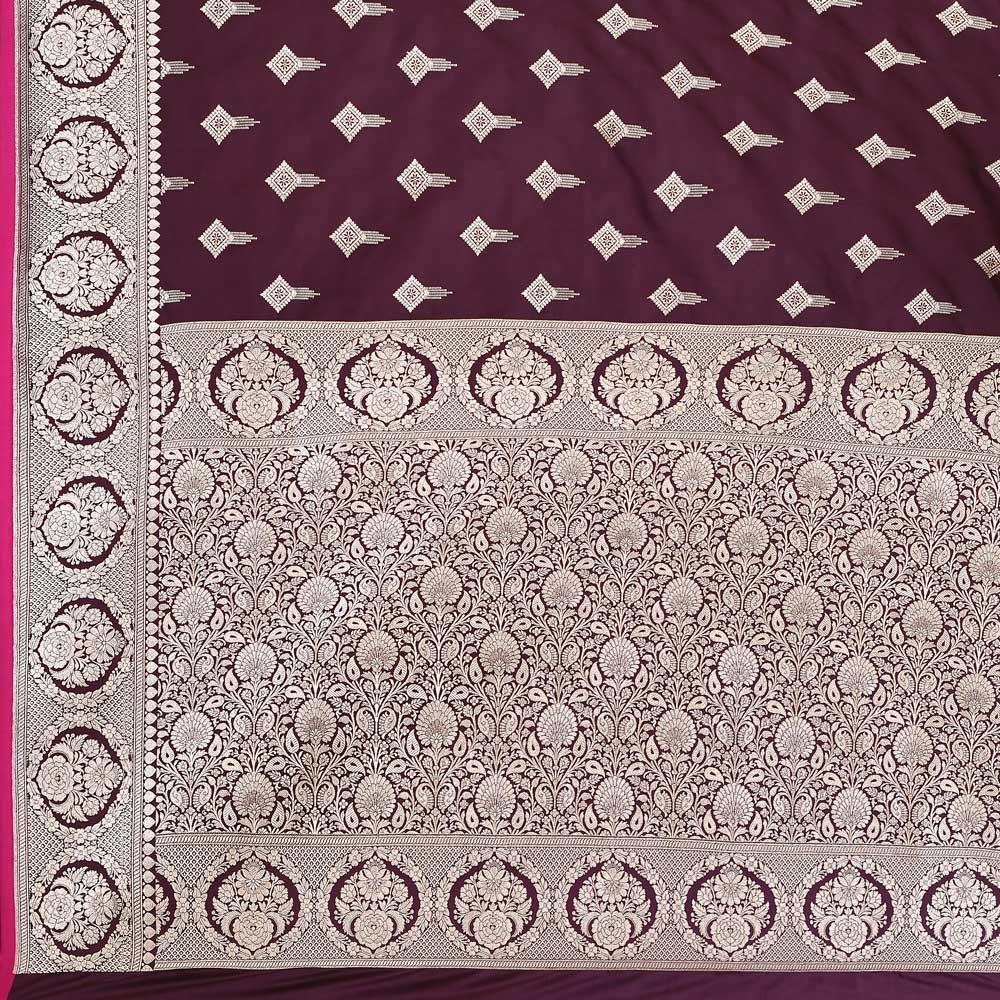 Wine Banarasi Handloom Saree With Handwoven Border In Muted Gold Zari Wine Banarasi Handloom Saree With Handwoven Border In Muted Gold Zari