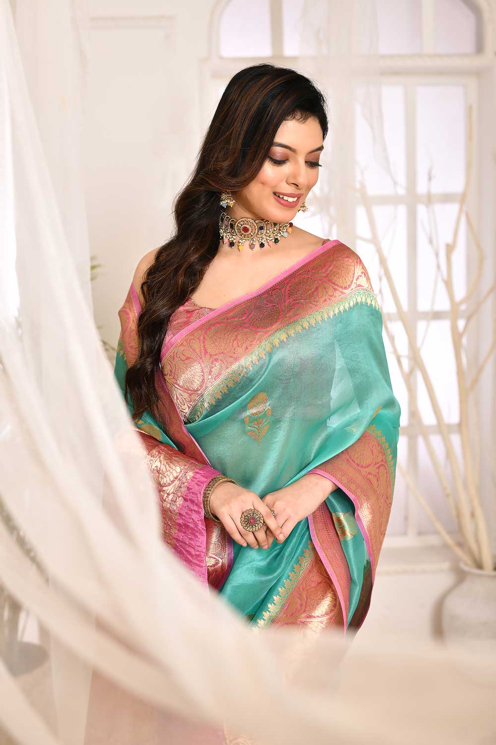 Sea Green kadhua Pure Kora Organza Saree Sea Green kadhua Pure Kora Organza Saree
