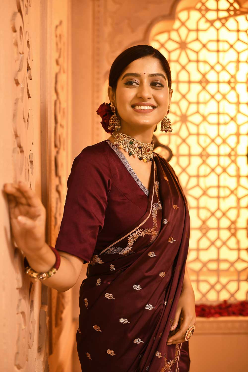 Wine Mushru Satin Handloom Saree With Artistic And Meenakari Border Wine Mushru Satin Handloom Saree With Artistic And Meenakari Border