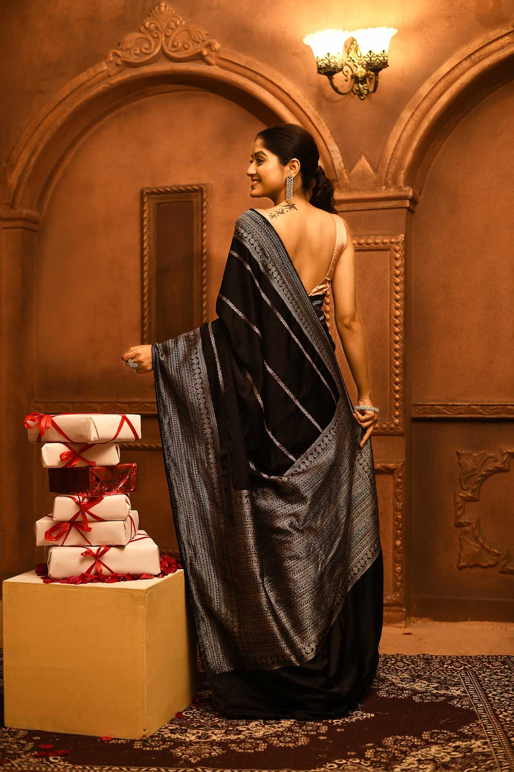 Black Mushru Satin Banarasi Handloom Saree With Modern Contemporary Stripe Patterned Design Black Mushru Satin Banarasi Handloom Saree With Modern Contemporary Stripe Patterned Design
