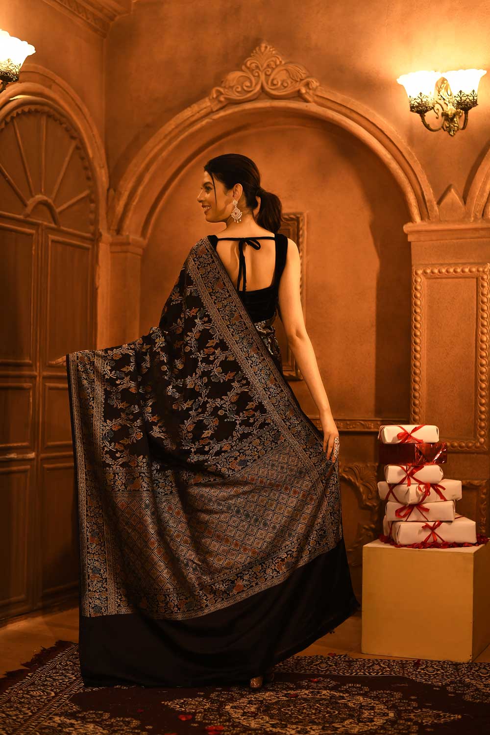 Black Mushru Satin Banarasi Handloom Saree With Meenakari Jaal Work Black Mushru Satin Banarasi Handloom Saree With Meenakari Jaal Work