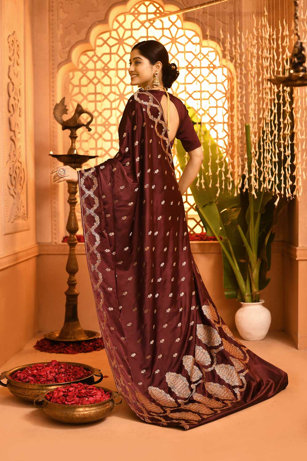Wine Mushru Satin Banarasi Saree With Artistic And Meenakari Border Wine Mushru Satin Banarasi Saree With Artistic And Meenakari Border