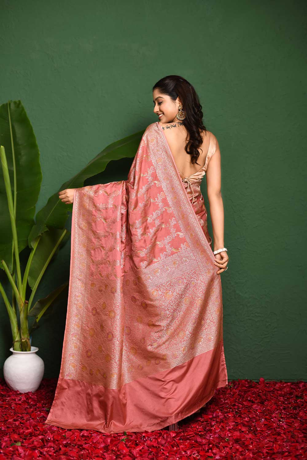 Rosegold Pink Mushru Satin Banarasi Handloom Saree With Meenkari Jaal And Border Rosegold Pink Mushru Satin Banarasi Handloom Saree With Meenkari Jaal And Border