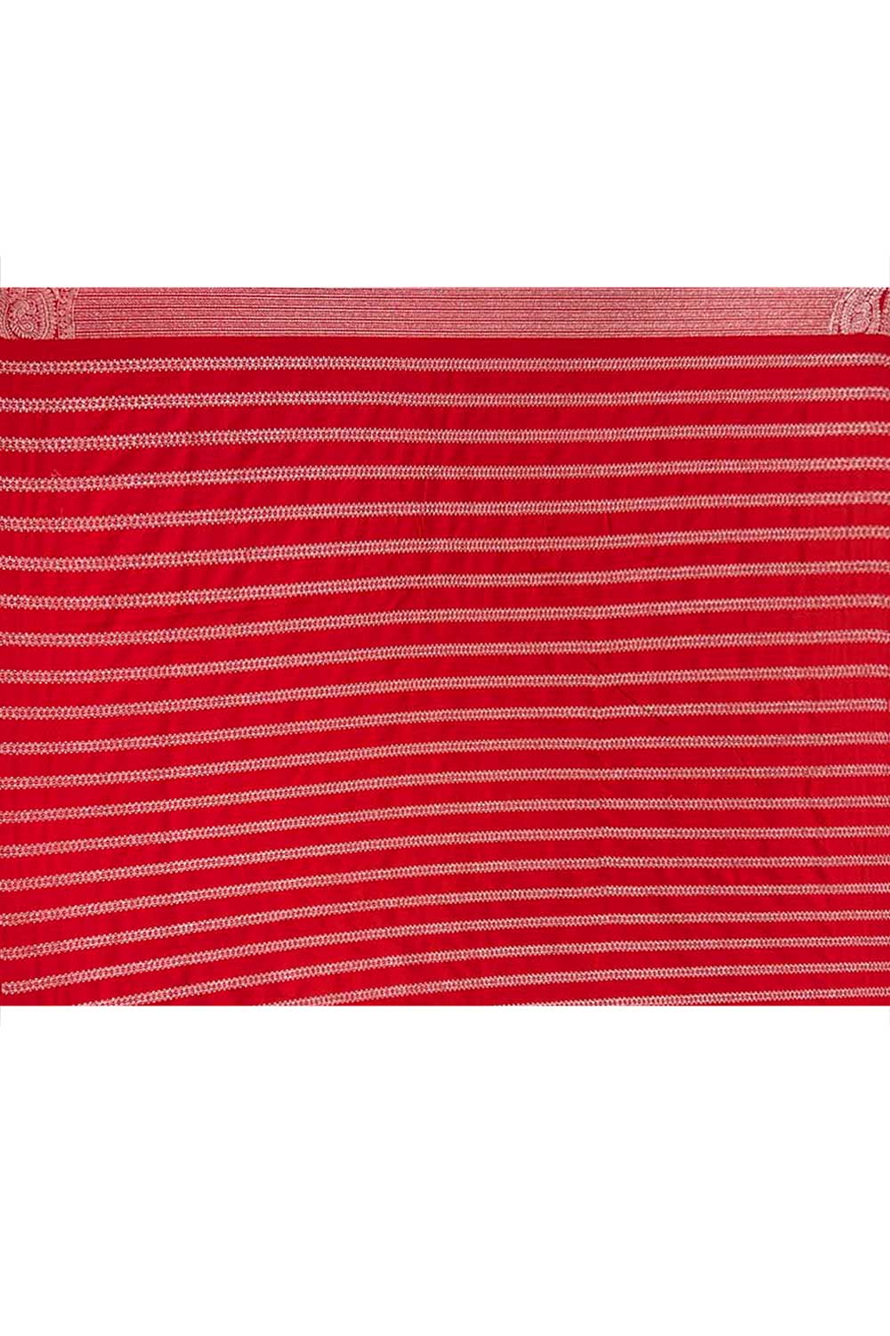 Red 'shikargah' Mushru Satin Banarasi Handloom Saree With Tanchoi Jaal Red 'shikargah' Mushru Satin Banarasi Handloom Saree With Tanchoi Jaal