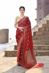 Garnet Pure Crepe Georgette Banarasi Handloom Silk Saree