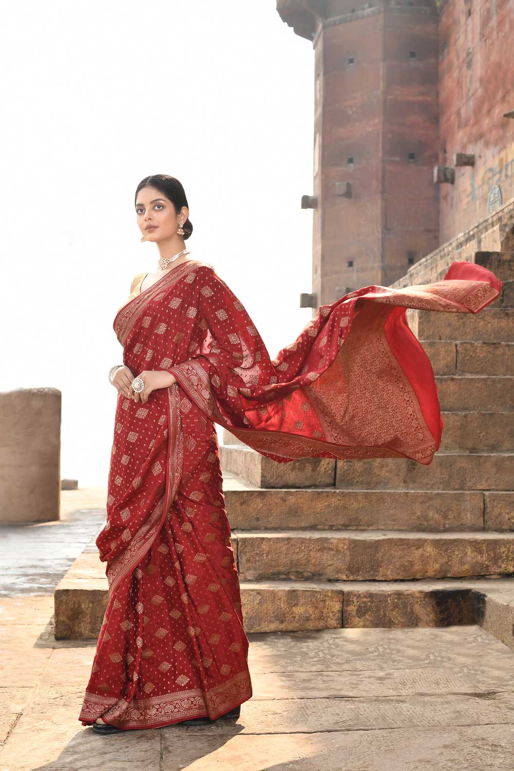 Garnet Pure Crepe Georgette Silk Saree With Blouse Garnet Pure Crepe Georgette Silk Saree With Blouse
