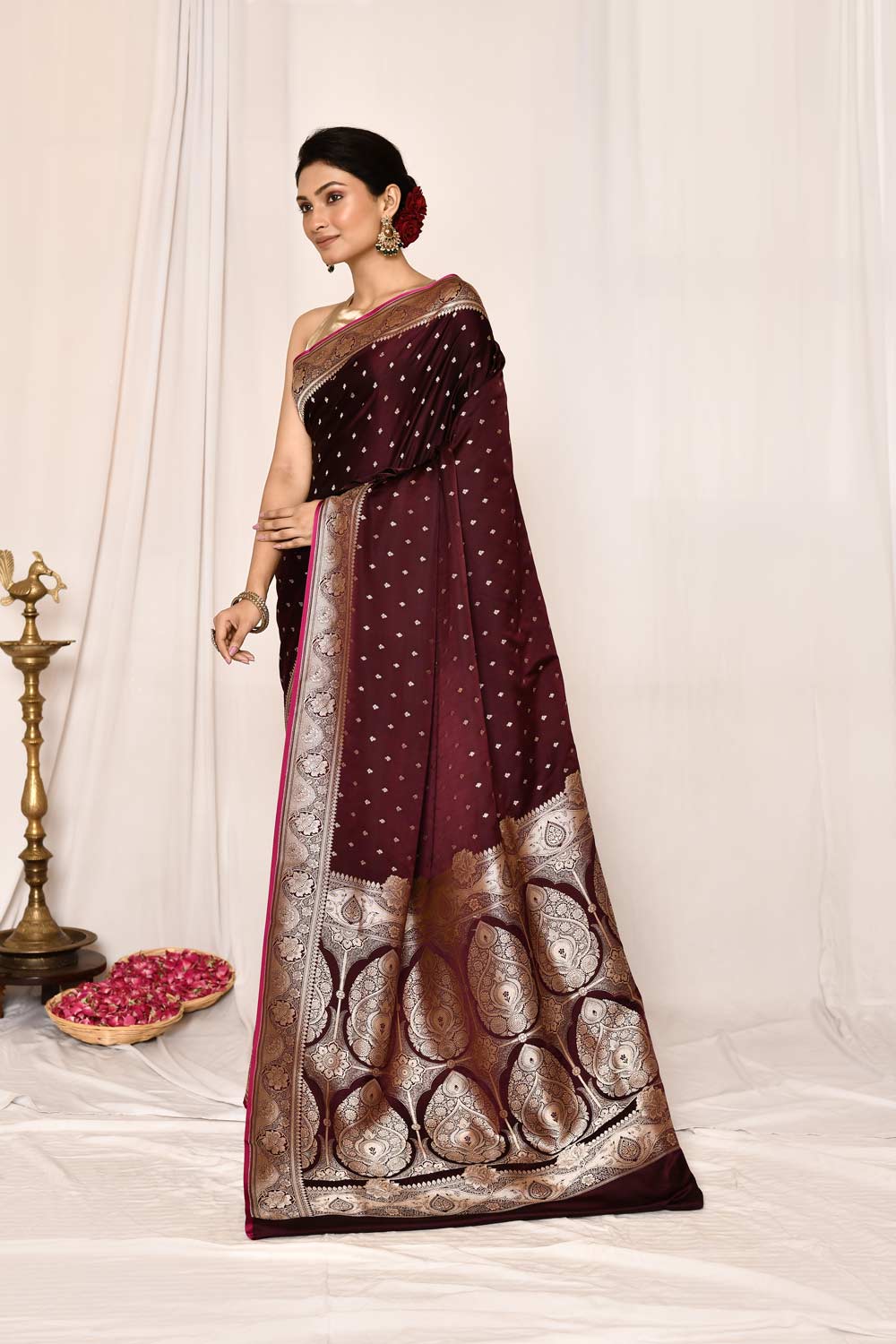 Cranberry Maroon Semi Katan Mushru Satin  Banarasi Handloom Saree Cranberry Maroon Semi Katan Mushru Satin  Banarasi Handloom Saree