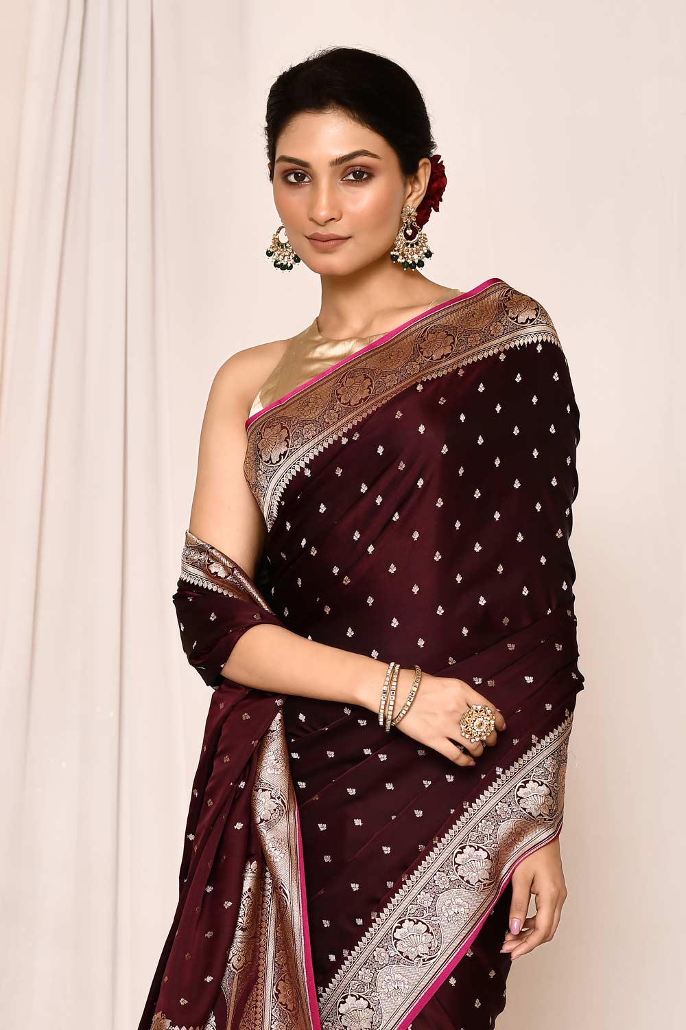 Cranberry Maroon Semi Katan Mushru Satin  Banarasi Handloom Saree Cranberry Maroon Semi Katan Mushru Satin  Banarasi Handloom Saree