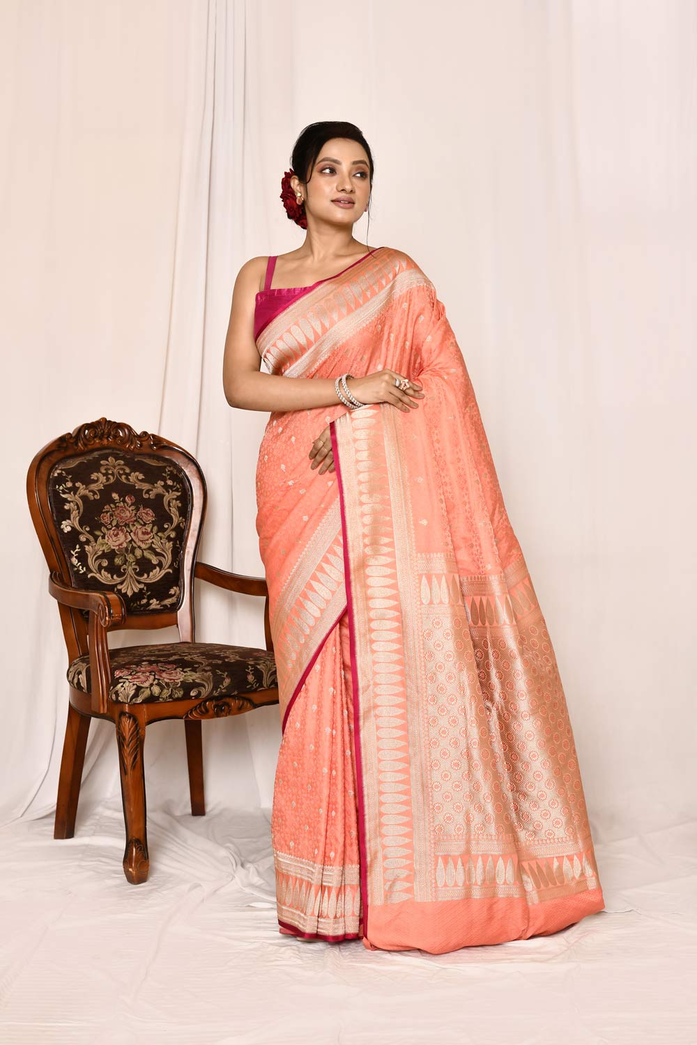 Coral Peach-Semi Katan Mushru Satin Banarasi Handloom Saree Coral Peach-Semi Katan Mushru Satin Banarasi Handloom Saree