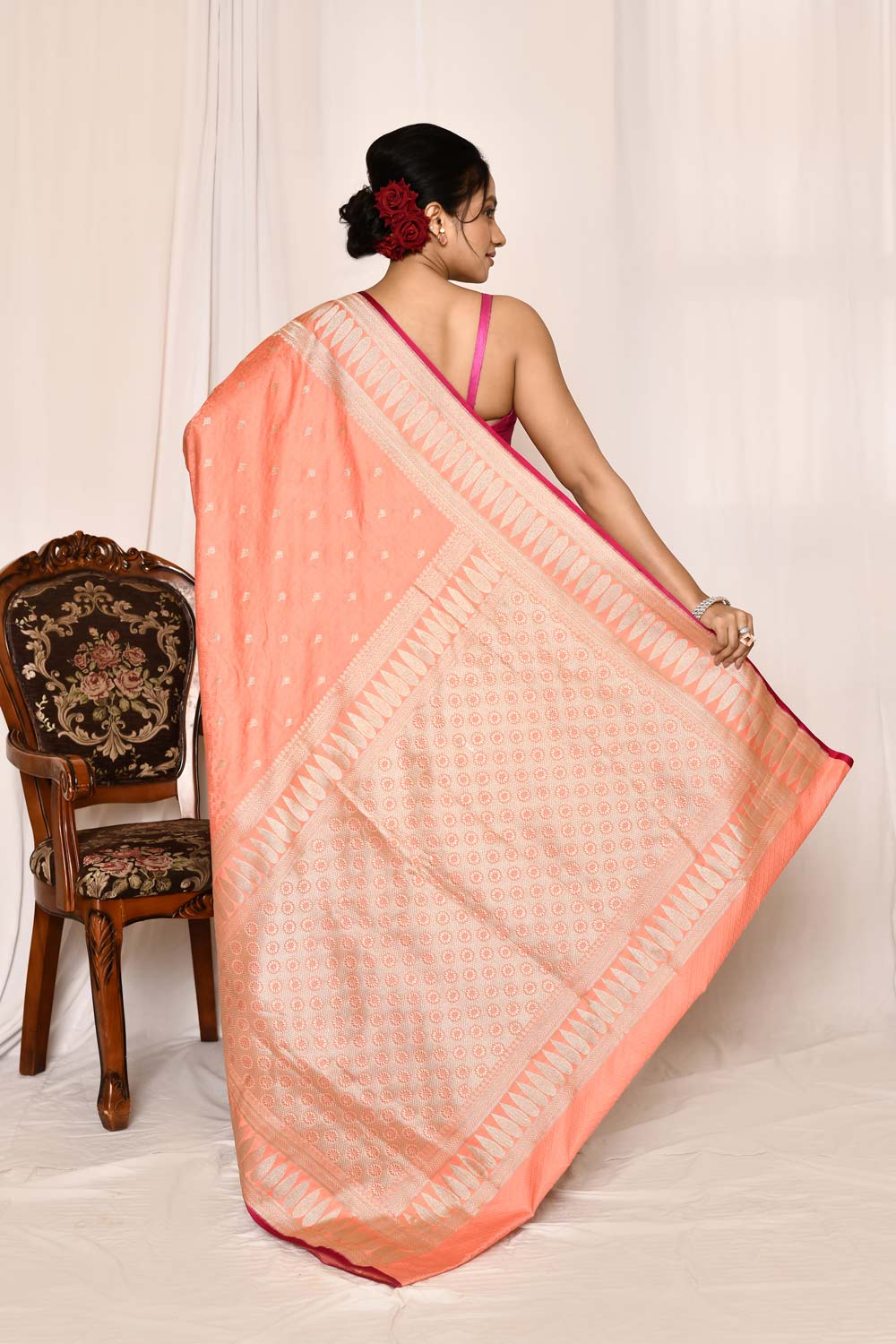 Coral Peach-Semi Katan Mushru Satin Banarasi Handloom Saree Coral Peach-Semi Katan Mushru Satin Banarasi Handloom Saree