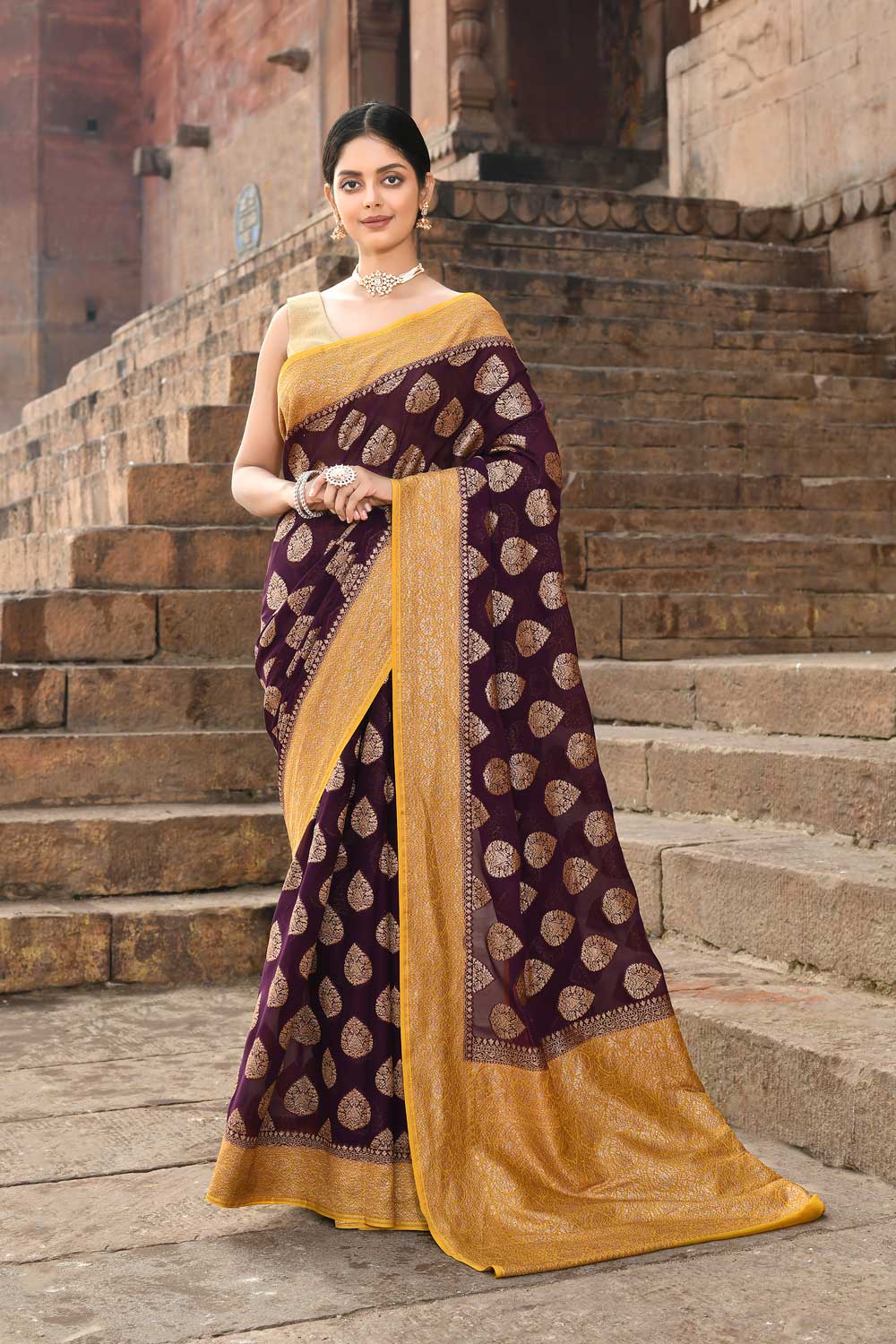 Wine - Mustard Pure Khaddi Georgette Banarasi Handloom Saree Wine - Mustard Pure Khaddi Georgette Banarasi Handloom Saree
