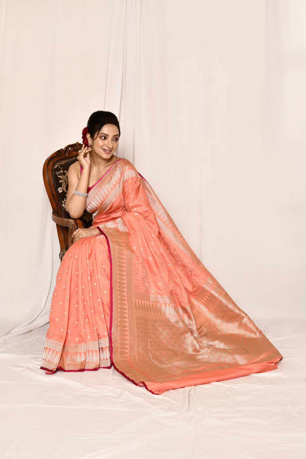 Coral Peach-Semi Katan Mushru Satin Banarasi Handloom Saree Coral Peach-Semi Katan Mushru Satin Banarasi Handloom Saree