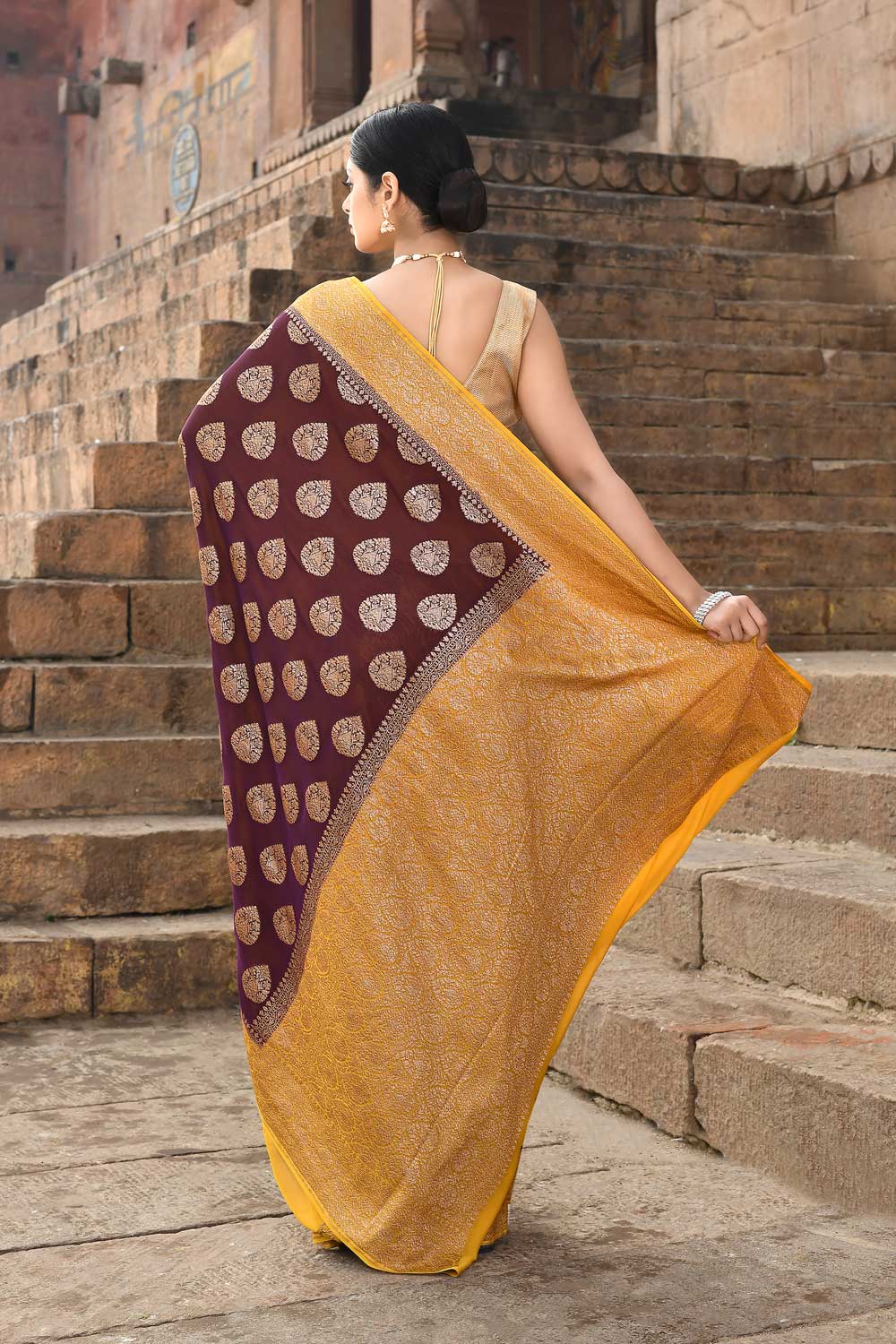 Wine - Mustard Georgette Banarasi Handloom Saree Wine - Mustard Georgette Banarasi Handloom Saree