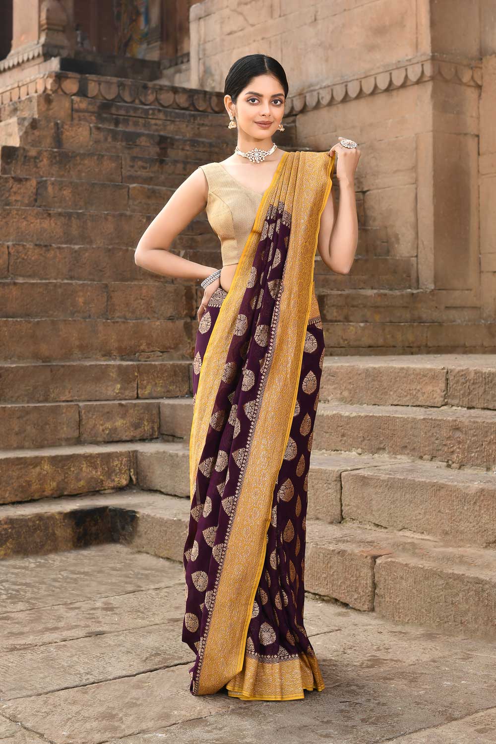 Wine - Mustard Banarasi Handloom Saree With Blouse Wine - Mustard Banarasi Handloom Saree With Blouse