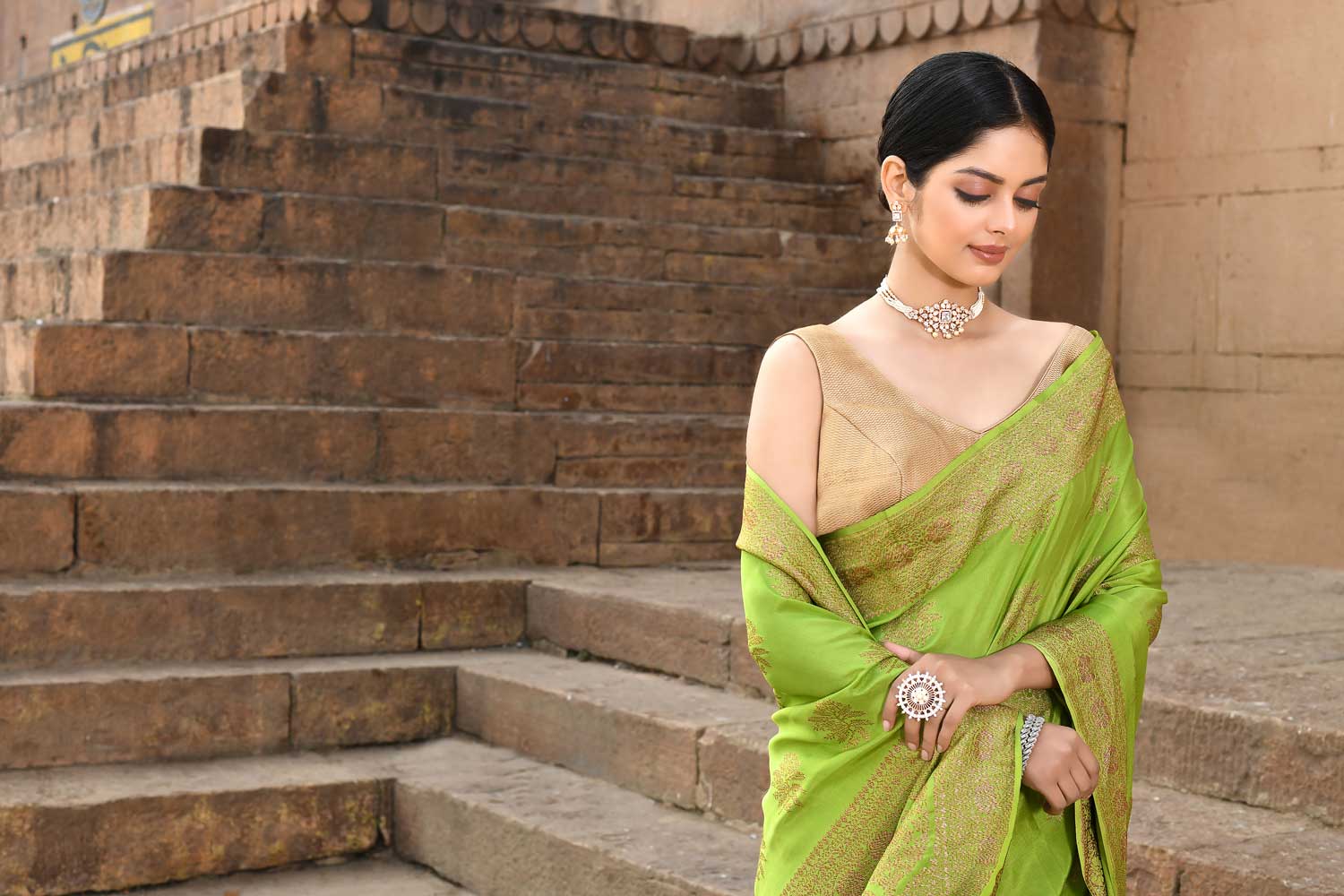 Parrot Green Pure Crepe Georgette Banarasi Silk Saree Parrot Green Pure Crepe Georgette Banarasi Silk Saree