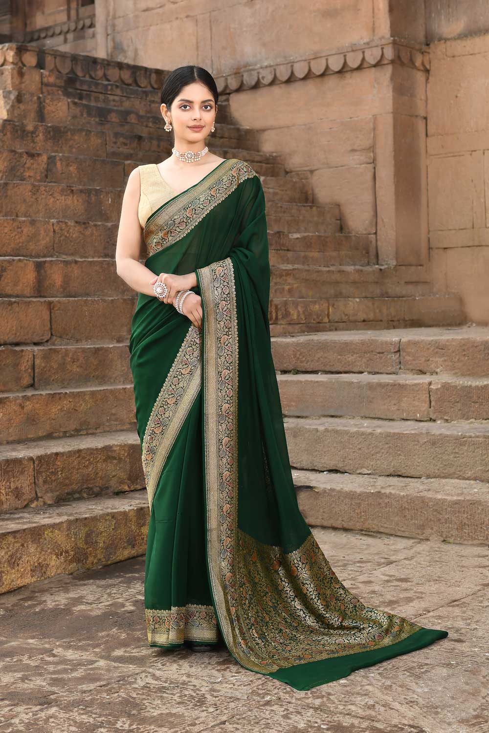 Bottle Green Pure Crepe Georgette Banarasi Handloom Saree Bottle Green Pure Crepe Georgette Banarasi Handloom Saree