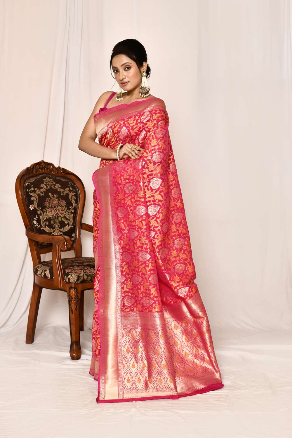 Bright Pink Pure Katan Georgette Silk Banarasi Handloom Saree Bright Pink Pure Katan Georgette Silk Banarasi Handloom Saree
