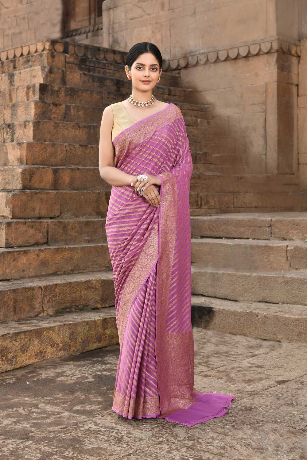 Lilac Pink Pure Crepe Georgette Banarasi Handloom Silk Saree Lilac Pink Pure Crepe Georgette Banarasi Handloom Silk Saree