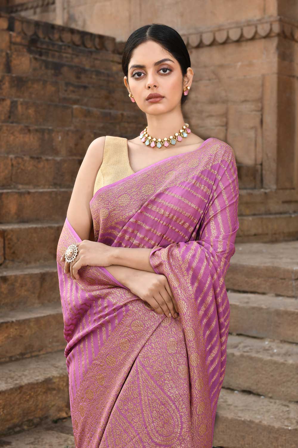 Lilac Pink Pure Crepe Georgette Banarasi Handloom Silk Saree Lilac Pink Pure Crepe Georgette Banarasi Handloom Silk Saree