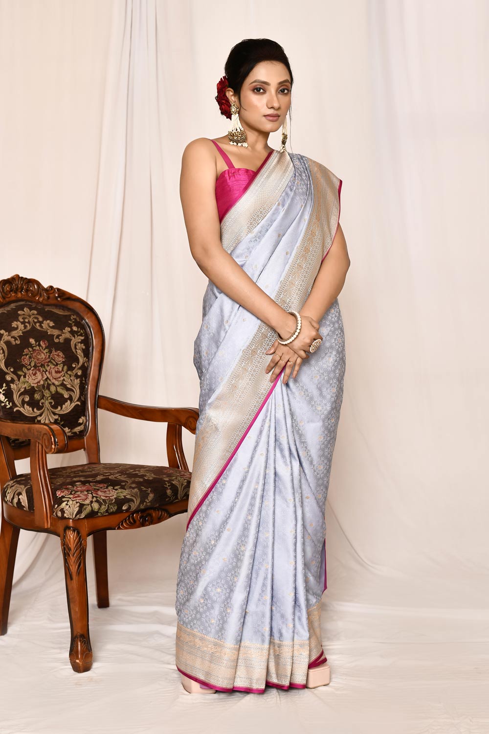 Ice Grey Mushru Satin Semi Silk Katan Banarasi Handloom Saree Ice Grey Mushru Satin Semi Silk Katan Banarasi Handloom Saree