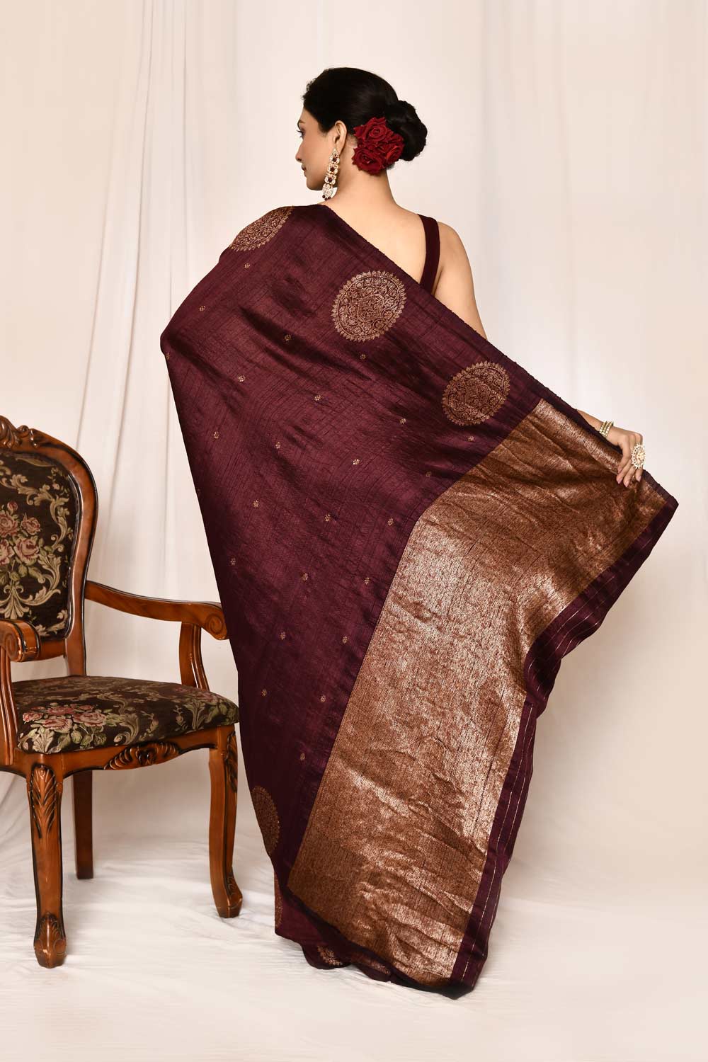 Cranberry Wine Pure Tussar Silk Banarasi Handloom Silk Saree Cranberry Wine Pure Tussar Silk Banarasi Handloom Silk Saree
