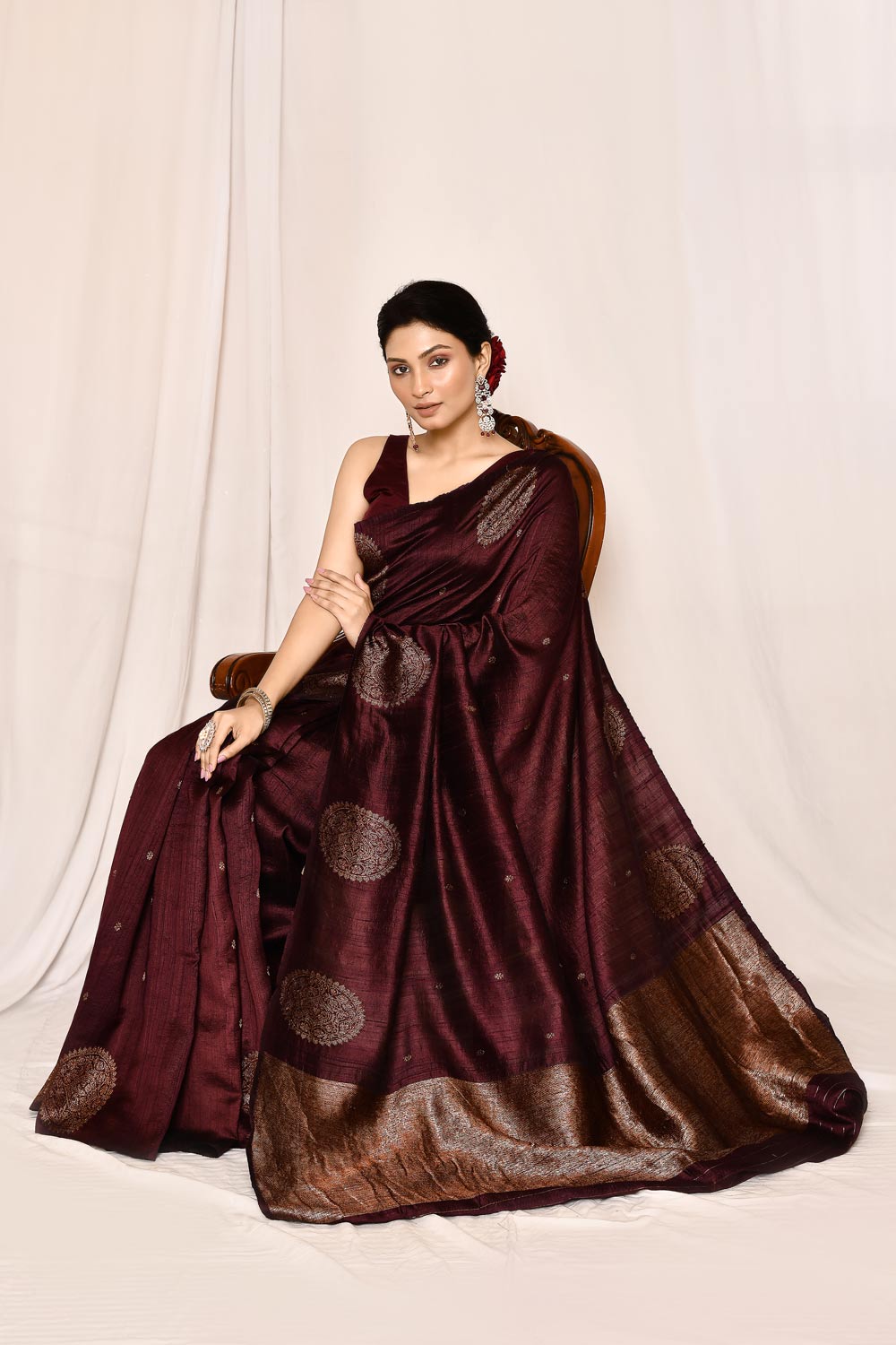 Cranberry Wine Pure Tussar Silk Banarasi Handloom Silk Saree Cranberry Wine Pure Tussar Silk Banarasi Handloom Silk Saree