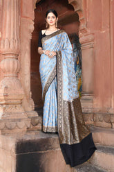 Grey - Black Pure Crepe Georgette Banarasi Handloom Silk Saree