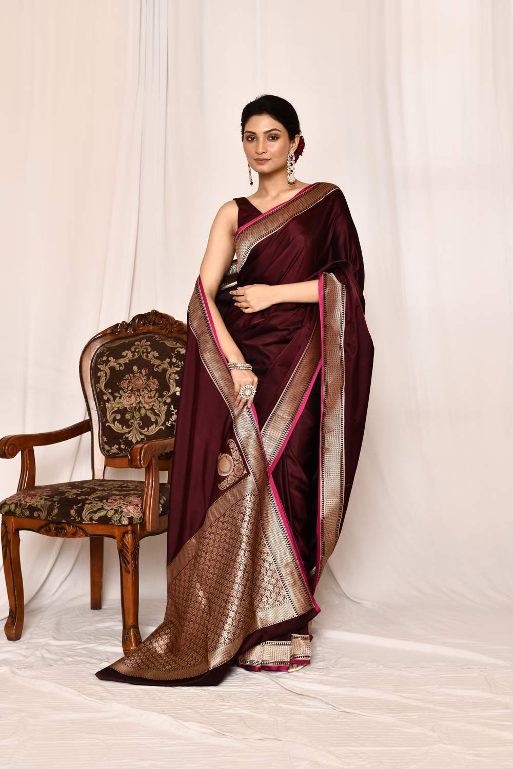 Dark Maroon Semi Katan Mushru Satin  Banarasi Handloom Silk Saree Dark Maroon Semi Katan Mushru Satin  Banarasi Handloom Silk Saree