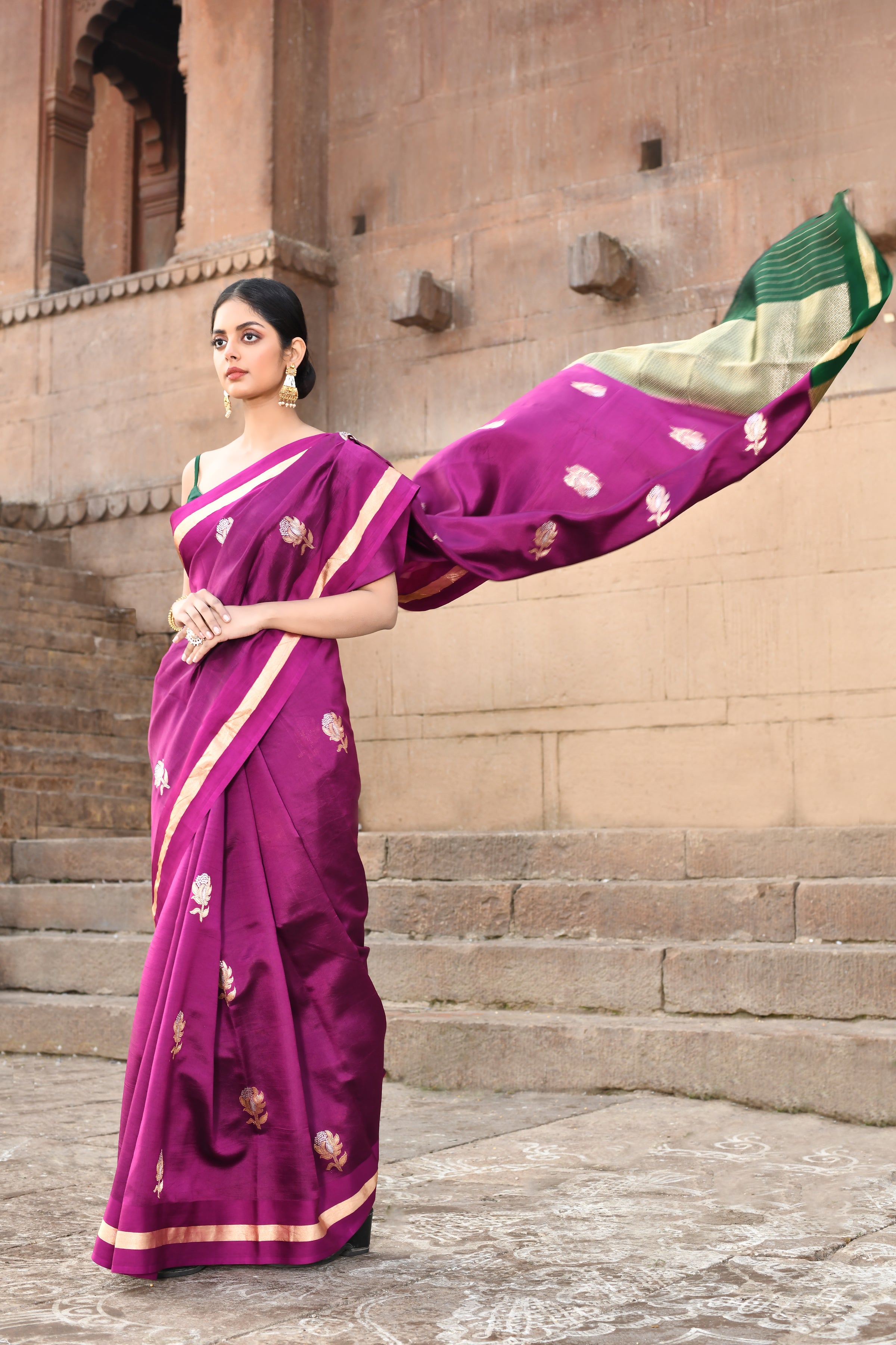 Magenta Pure Katan Silk Banarasi Handloom Saree with Contrast Palla in Green Magenta Pure Katan Silk Banarasi Handloom Saree with Contrast Palla in Green
