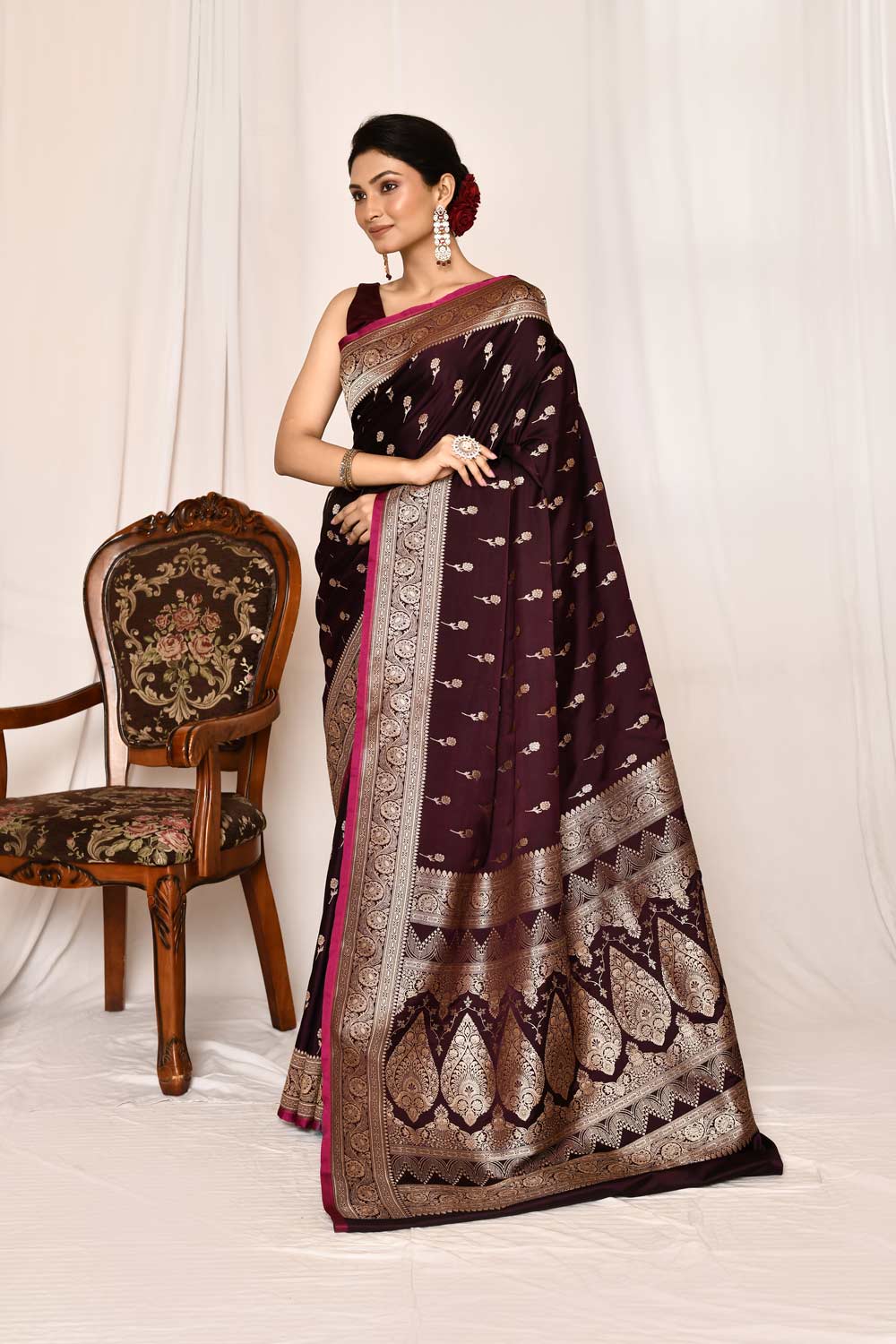 Cranberry Maroon Mushru Satin Semi Katan  Banarasi Handloom Silk Saree Cranberry Maroon Mushru Satin Semi Katan  Banarasi Handloom Silk Saree