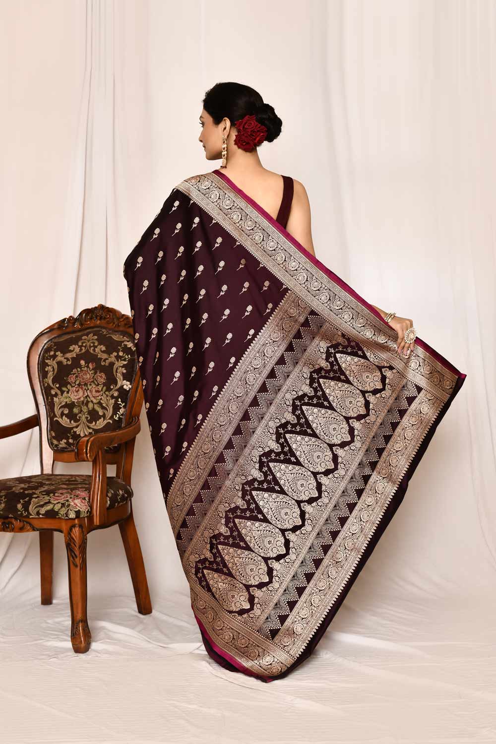 Cranberry Maroon Mushru Satin Semi Katan  Banarasi Handloom Silk Saree Cranberry Maroon Mushru Satin Semi Katan  Banarasi Handloom Silk Saree