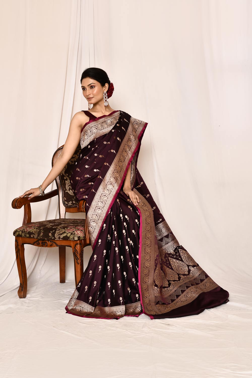 Cranberry Maroon Mushru Satin Semi Katan  Banarasi Handloom Silk Saree Cranberry Maroon Mushru Satin Semi Katan  Banarasi Handloom Silk Saree