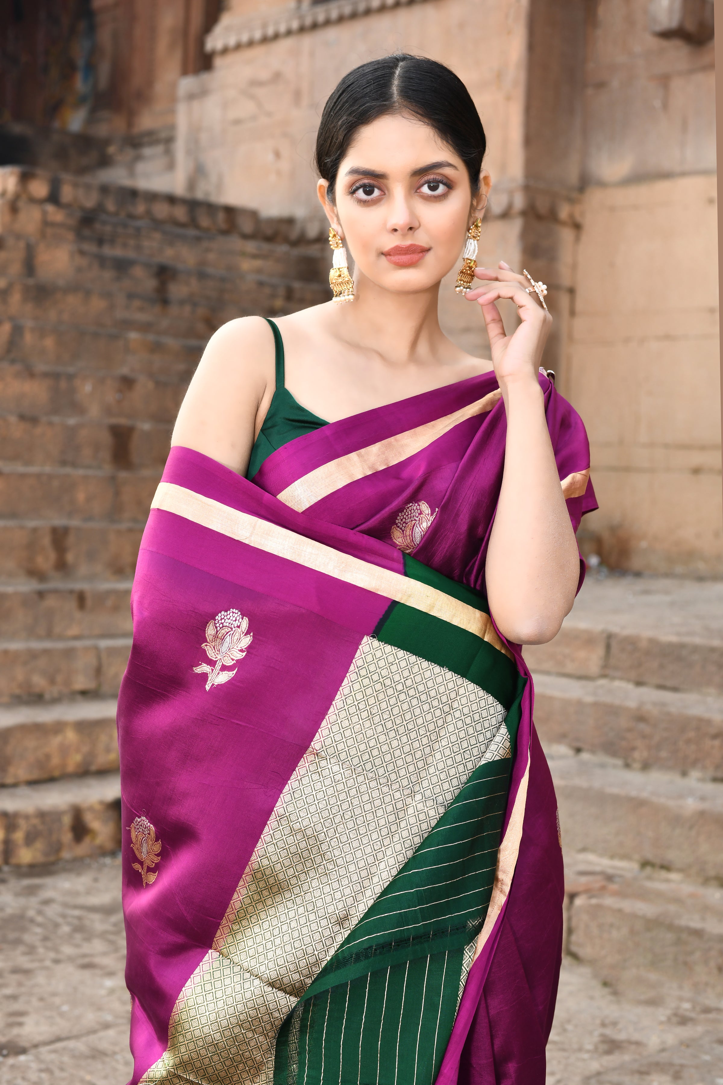 Magenta Pure Katan Silk Banarasi Handloom Saree with Contrast Palla in Green Magenta Pure Katan Silk Banarasi Handloom Saree with Contrast Palla in Green
