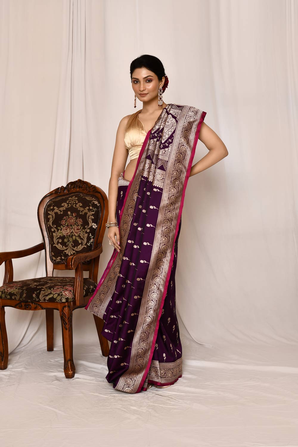 Purple  Mushru Satin Semi Katan  Banarasi Handloom Silk Saree Purple  Mushru Satin Semi Katan  Banarasi Handloom Silk Saree